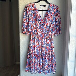 Lauren Ralph Lauren Women 4 Floral Dress Short Sleeve Ruffle Crinkled Georgette